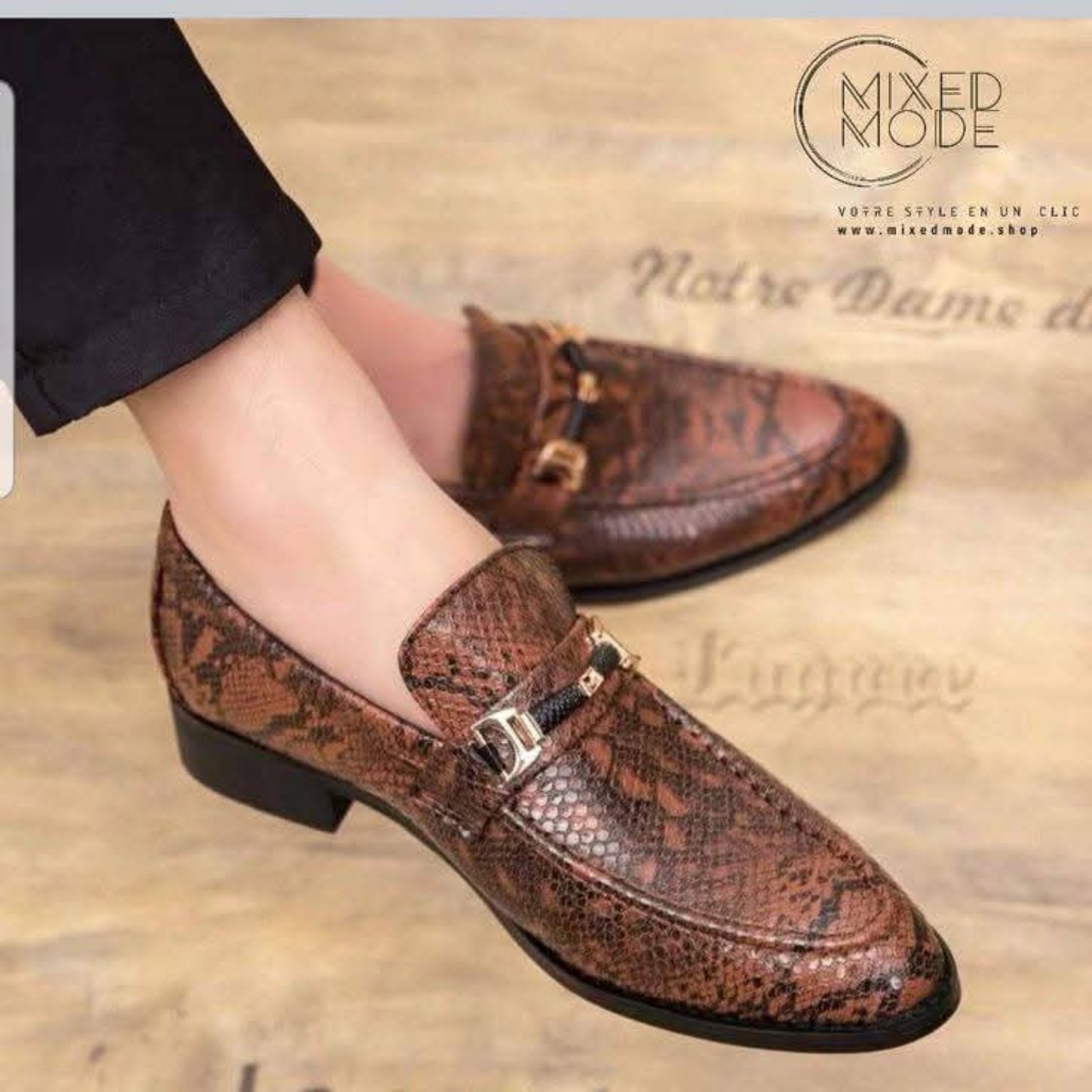 Brown Textured Buckle Loafers