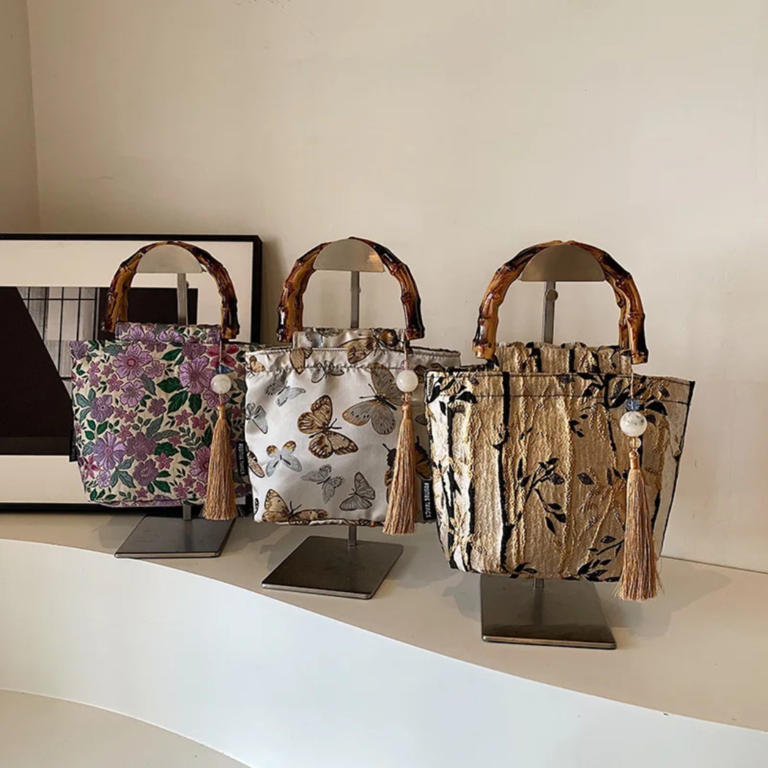 Bamboo Handle Jacquard Tote