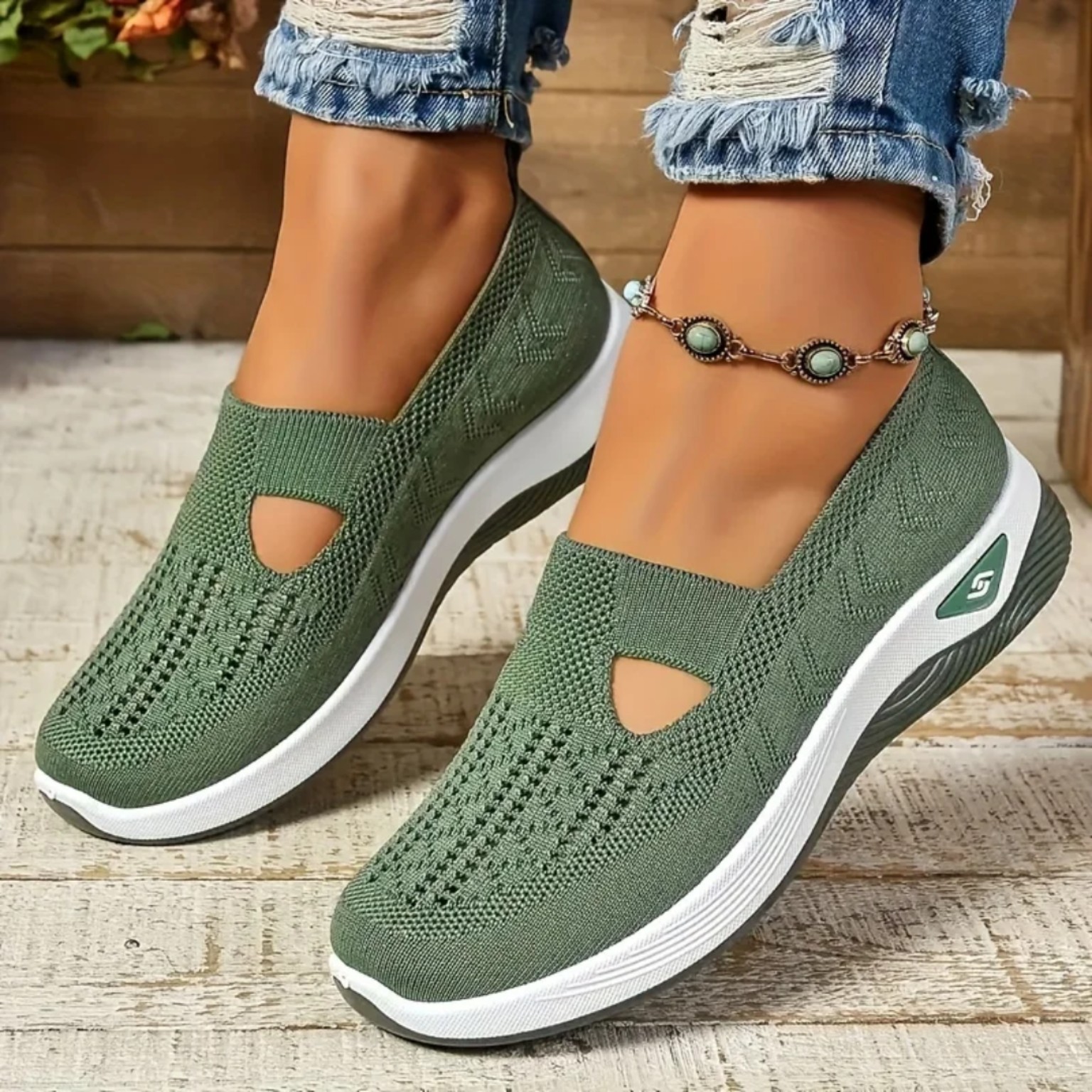 Olive Knit Walking Shoes
