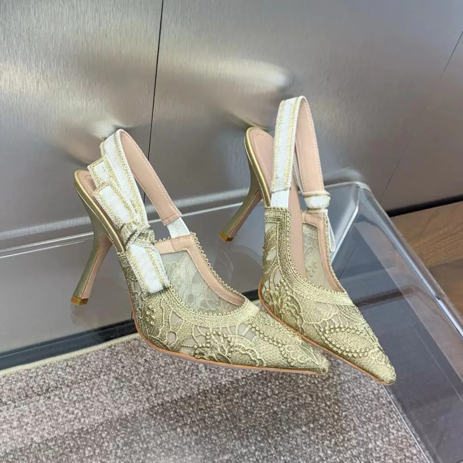 Champagne Lace Slingback Heels