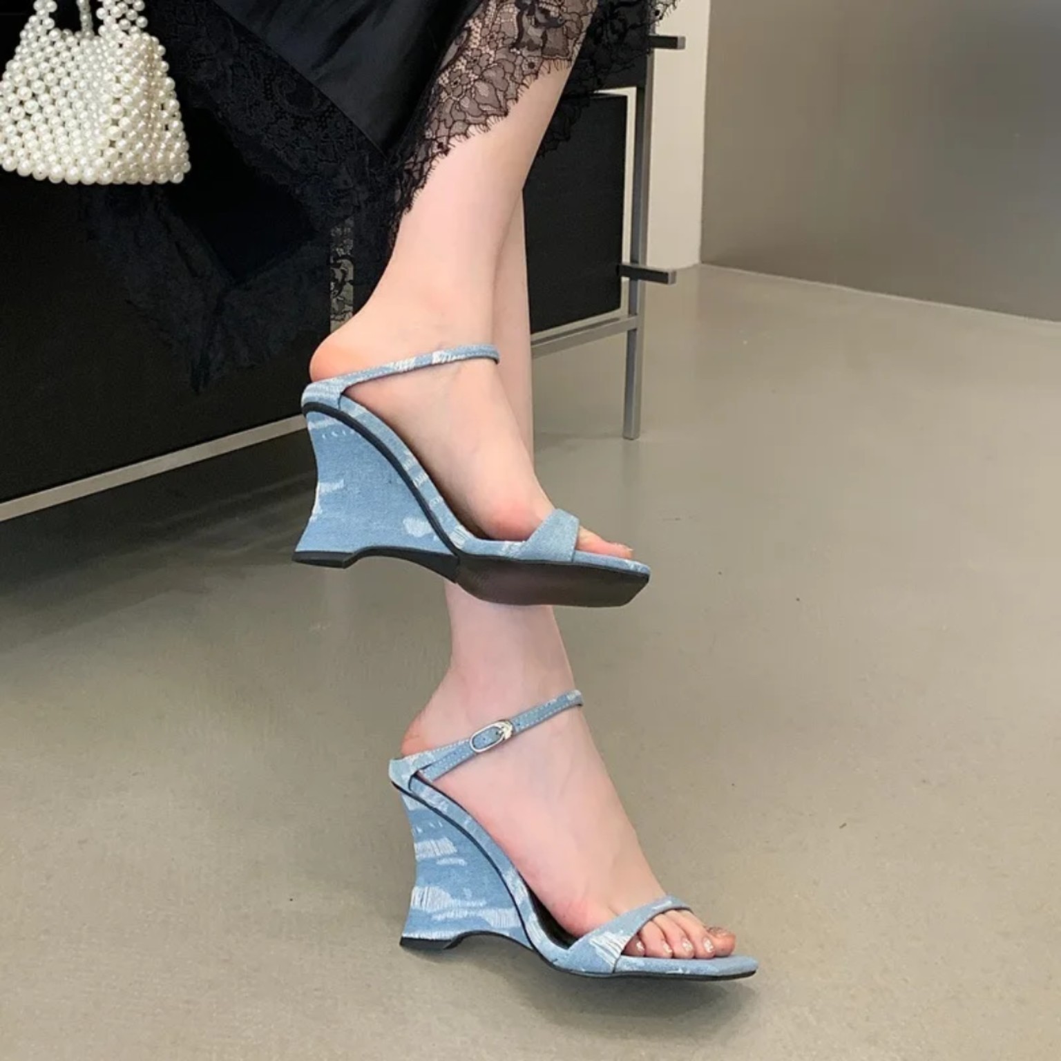 Denim Sculpted Wedge Sandals