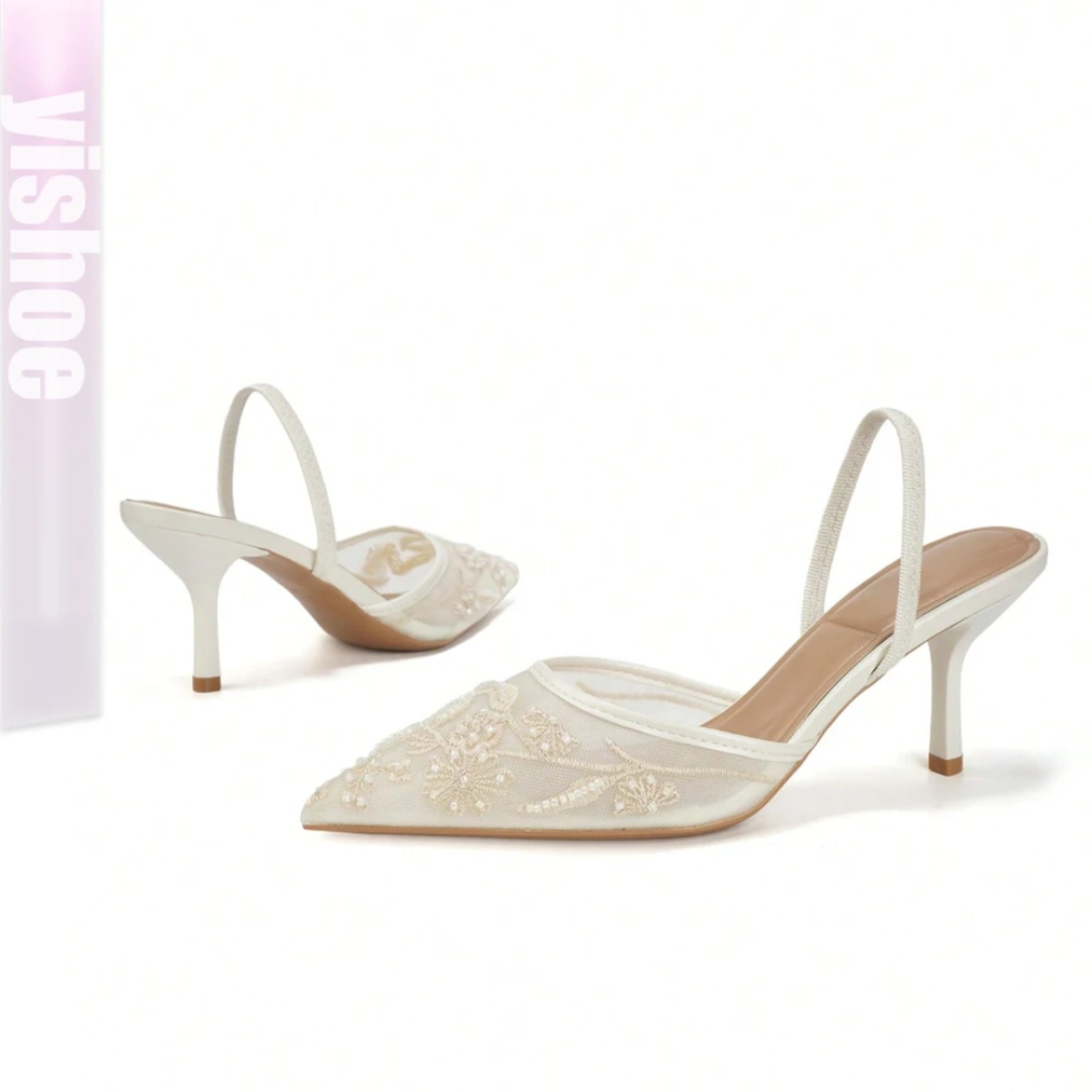 Ivory Embroidered Slingback Heels