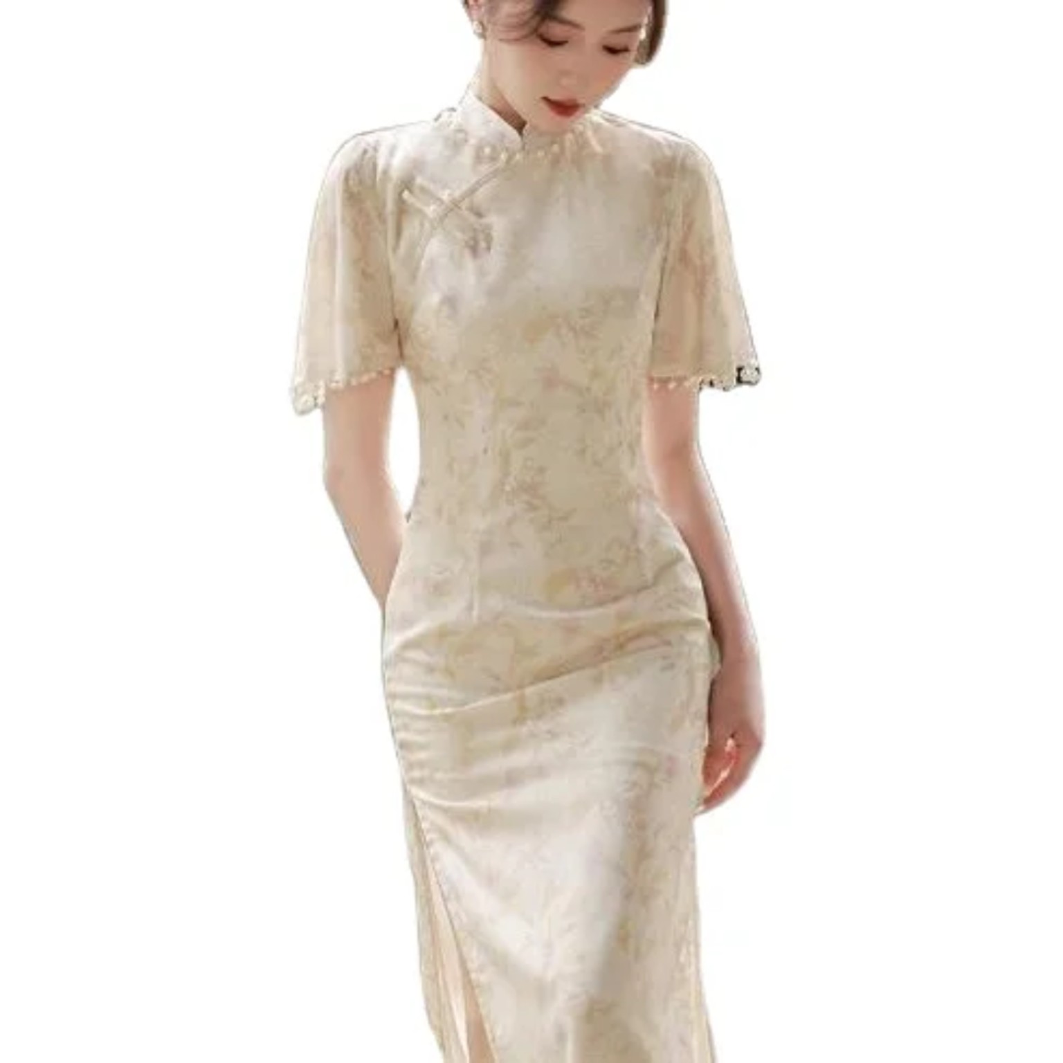 Ivory Satin Mandarin Midi Dress
