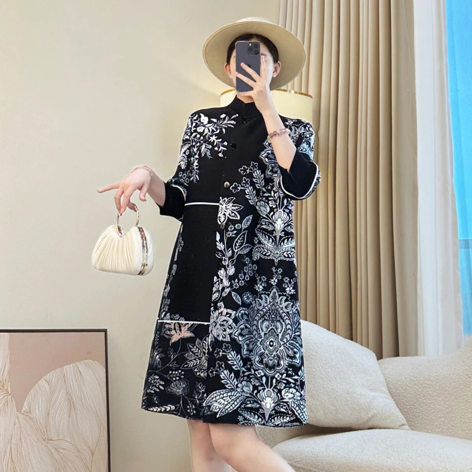 Black Floral Mandarin Dress