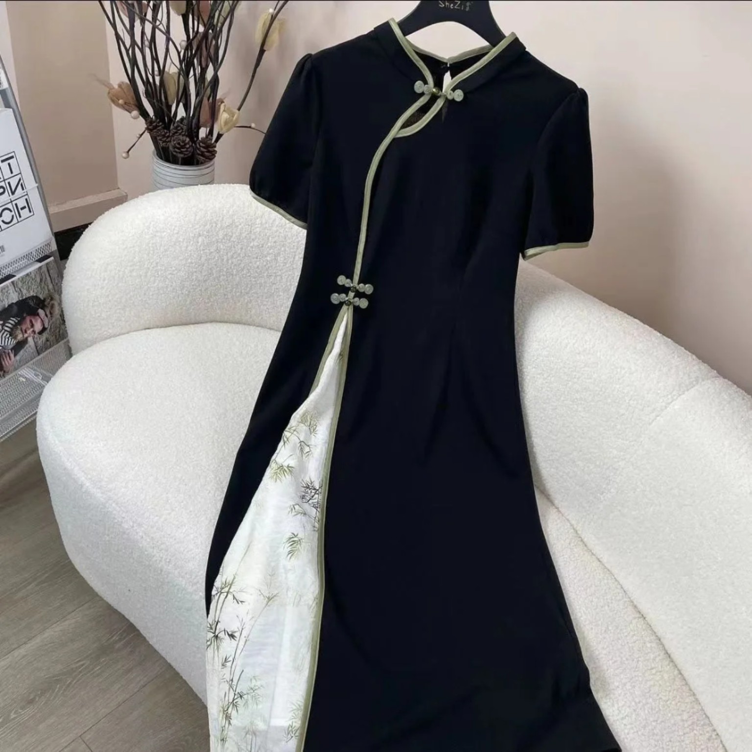 Black Mandarin Panel Maxi Dress