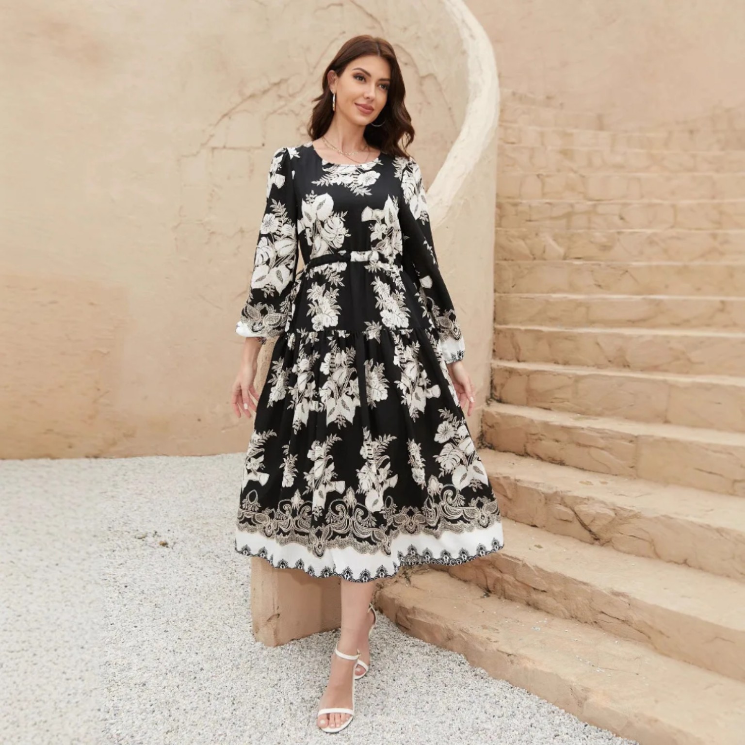 Black & Ivory Botanical Midi Dress
